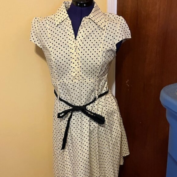 Retro Fit and Flare Polka Dot Dress Yellow with Black dots and sash belt. - Picture 3 of 8